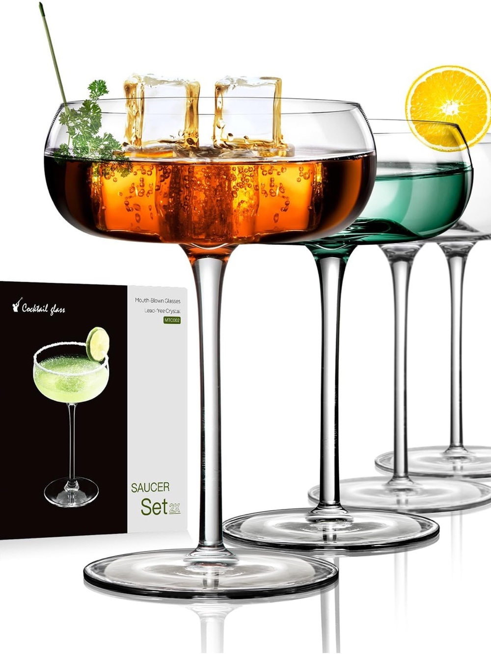 NEW Set of 4 Clear Round Coupe Martini Cocktail Glasses, 8oz Hand Blown Glass